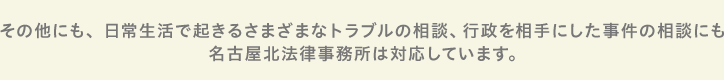 その他にも、日常生活で起きるさまざまなトラブルの相談、行政を相手にした事件の相談にも名古屋北法律事務所は対応しています。